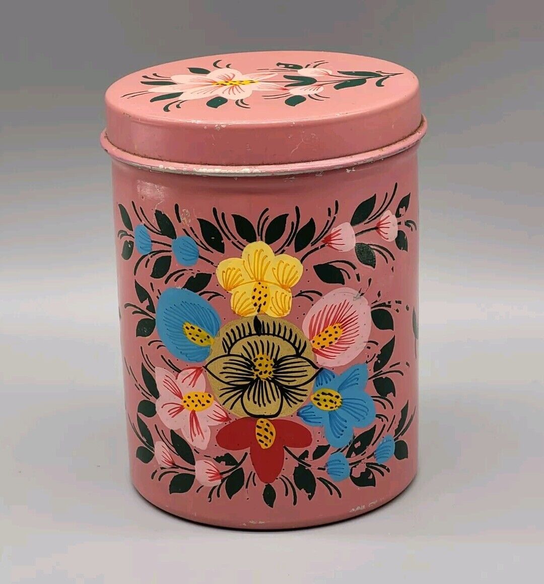 Vintage Floral Canister Hand Painted Stainless Steel 4.375\
