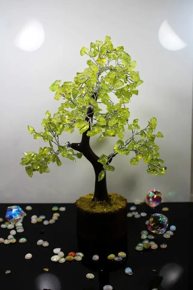 Natural Peridot Crystal Money Tree Bonsai Healing Reiki Stone Home Decor A2