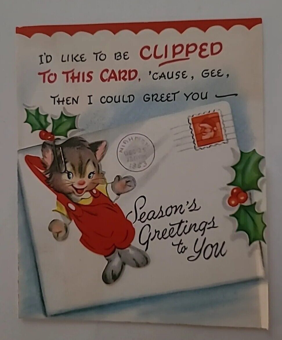 1950s Vtg CHRISTMAS Paper CLIPPED Anthropomorphic KITTENS Cat Novelty CARD