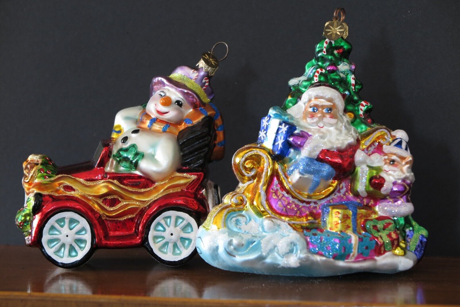 TWO Christopher Radko Blown Glass Ornaments Frosty Cruiser & Trim-A-Tree-O