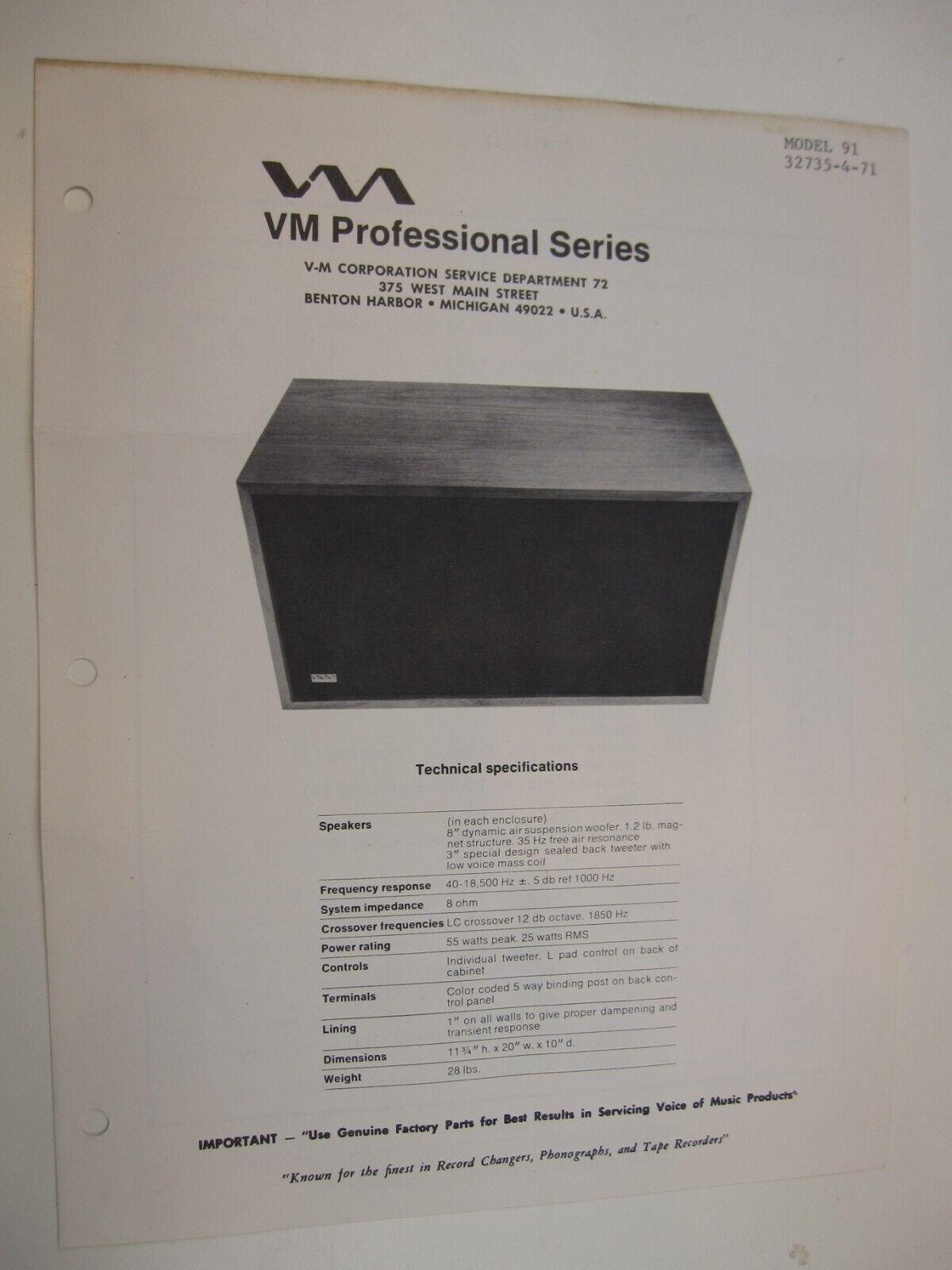 V-M Voice of Music Technical Service Manual PROFESSIONAL SERIES MODEL 91   BIS