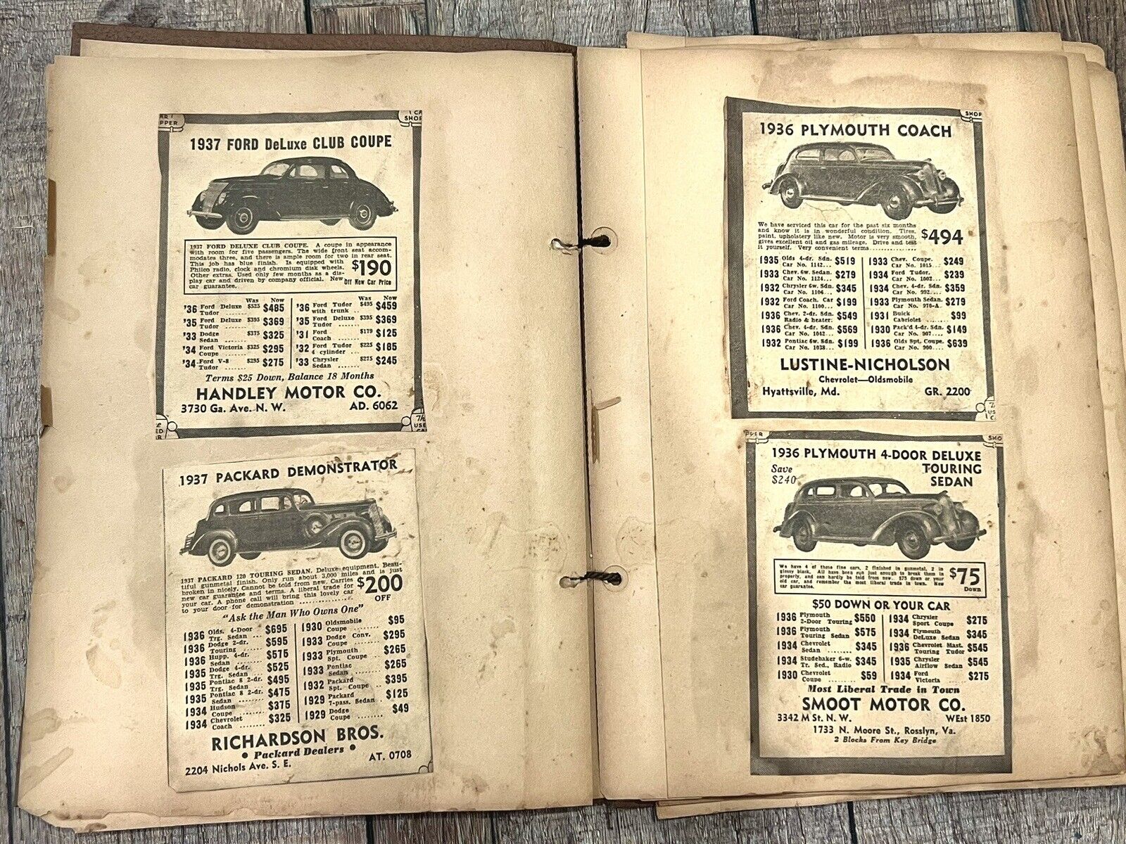 Antique 1930s Car Dealership Advertisements Salesman’s Scrap Book Washington DC
