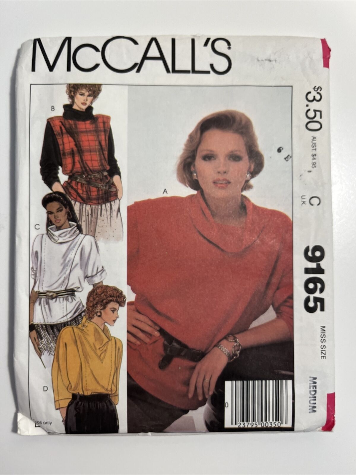 McCalls 9165 Pullover Top Bias Cowl Collar Size M Bust 36, 38 Front Tucks UNCUT