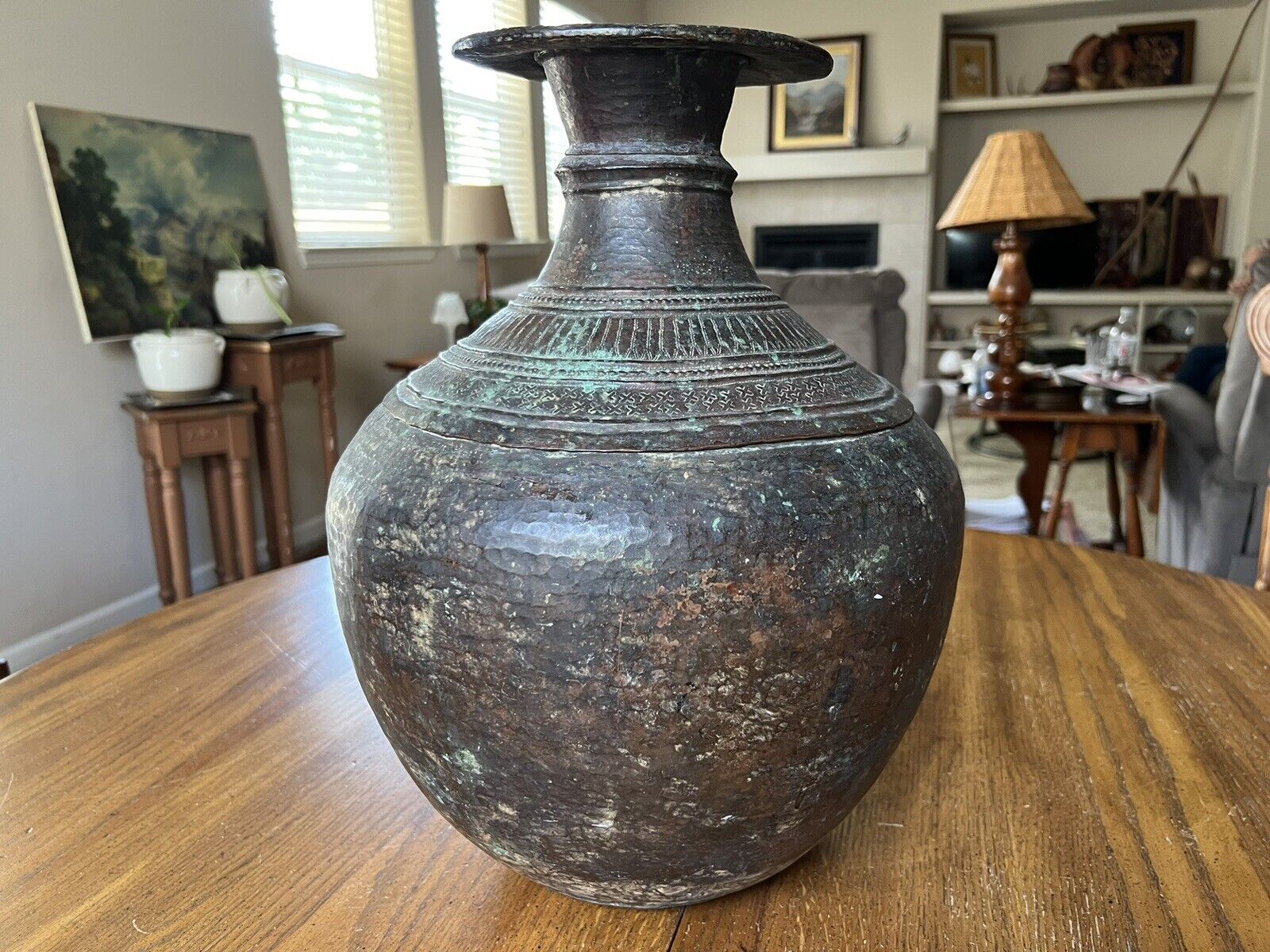 19th Century Indo-Islamic Huge Hammered Copper Vase with Green Patina 16” Tall