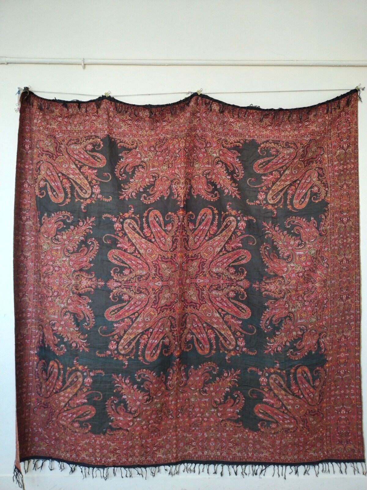 Antique amazing french paisley shawl or tablecloth piano scarf fringe item504