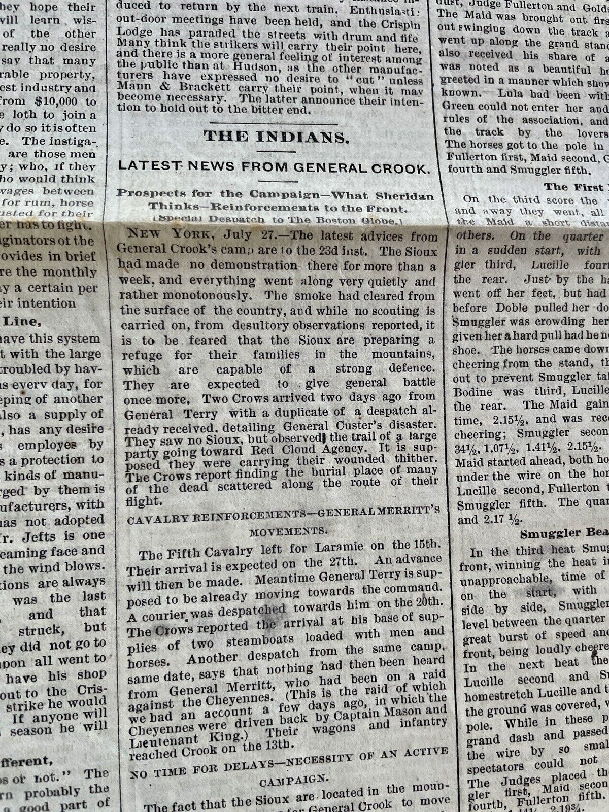 Sioux INDIANS General Crook , Custer ,disaster, 7/28 1876 Boston Globe Newspaper