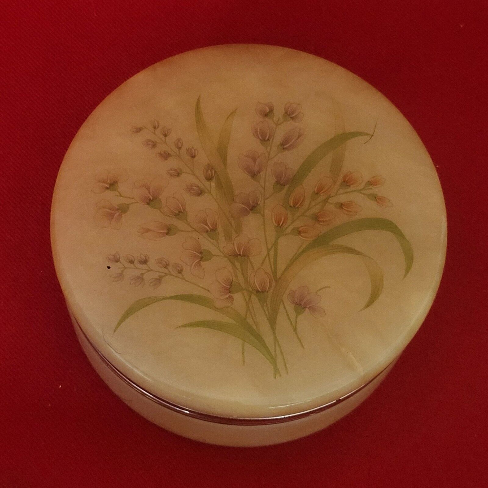 Vintage Genuine Alabaster Box Trinket Roundl Hand Carved Hinged Lid Flowers Made