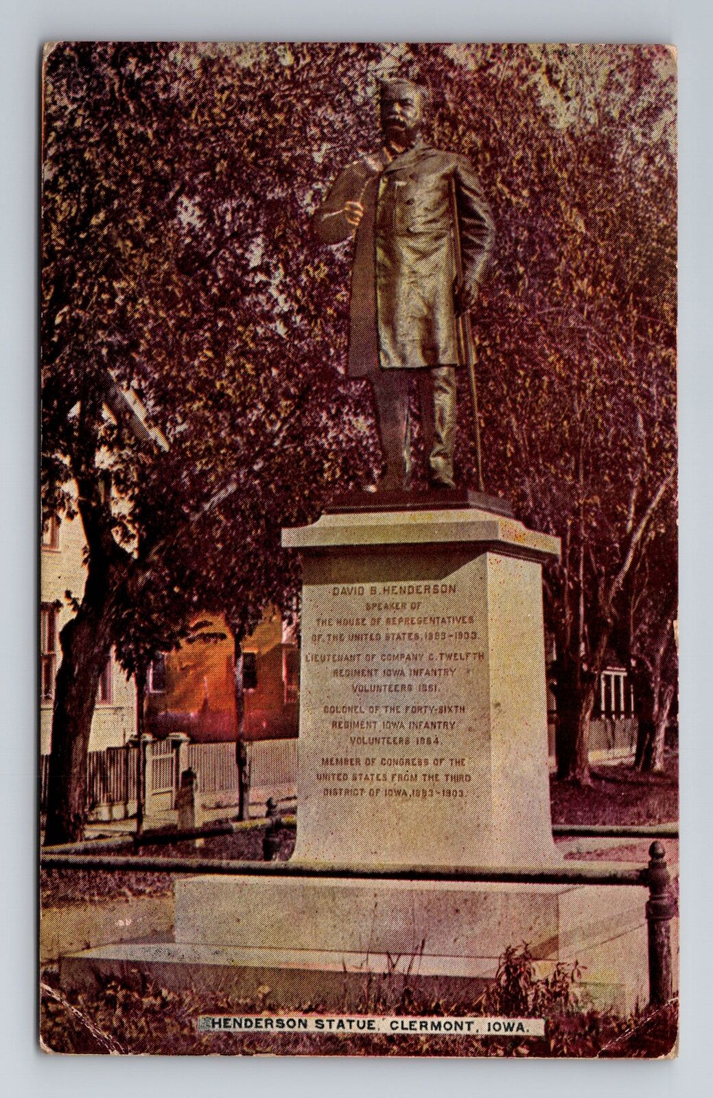 Clermont IA-Iowa, Henderson Statue, Antique, Vintage Souvenir Postcard
