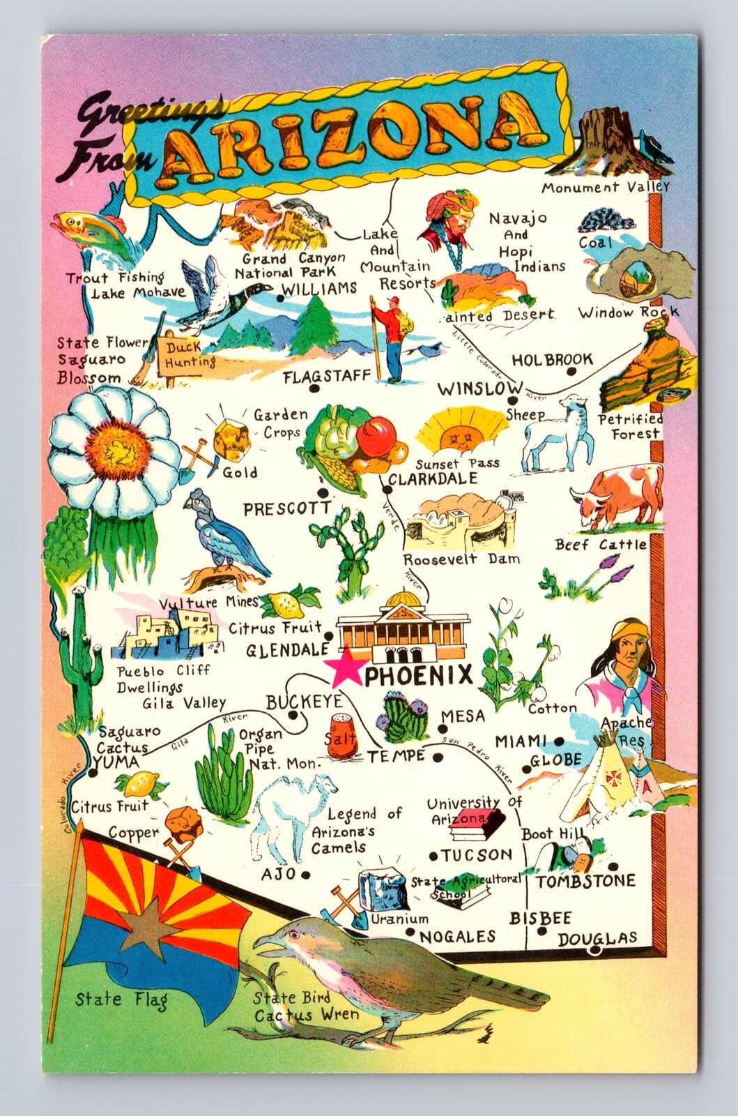 AZ-Arizona, State Map General Greeting, Points of Interest, Vintage Postcard