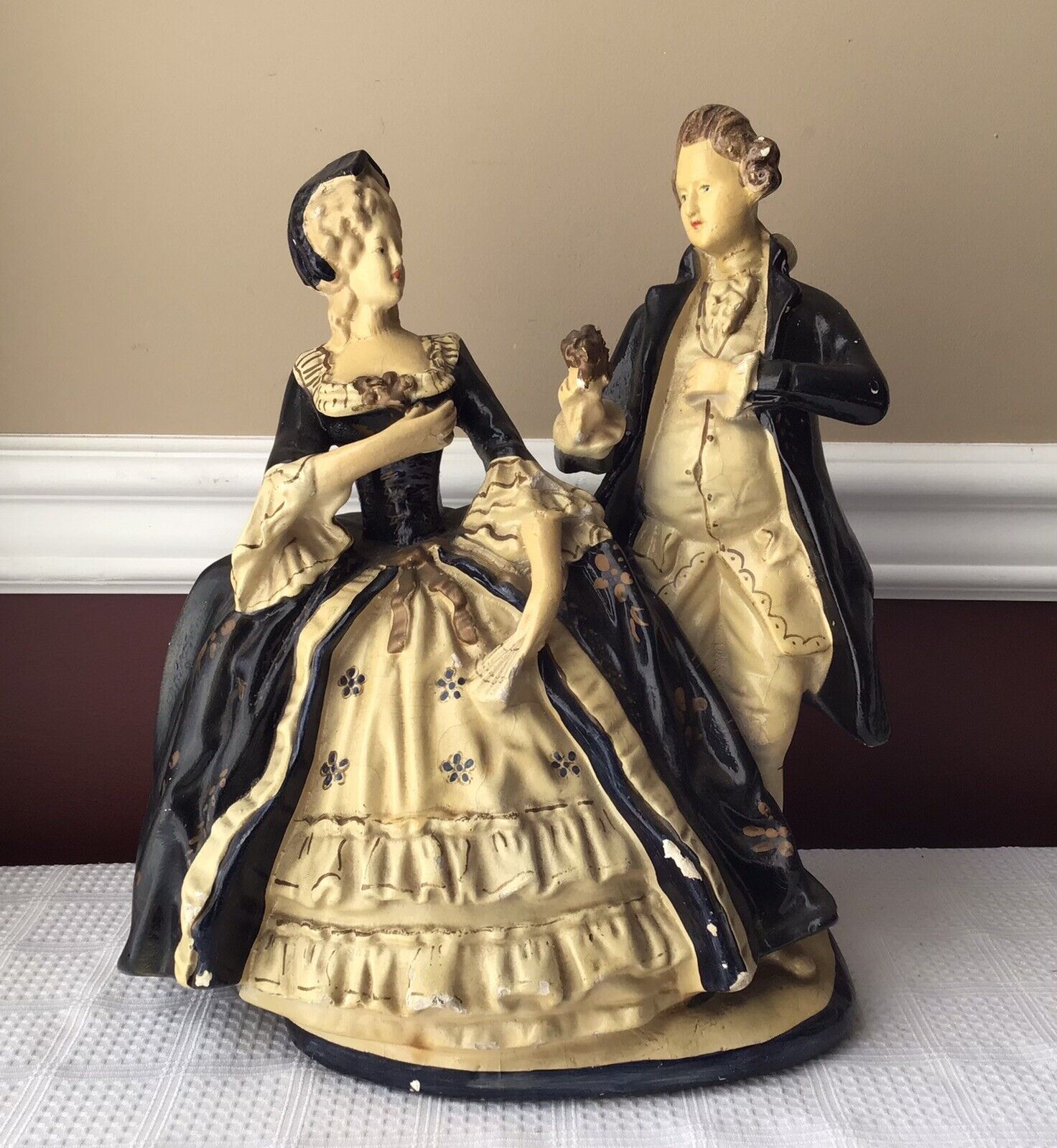 Antique XL Victorian Style Ceramic Figurine Of A Gentleman & Lady, 13 X 10 X 7”