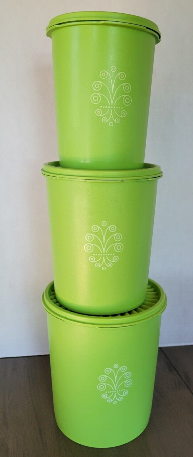 Vintage Set of 3 Lime Green Tupperware Servalier Canisters With Lids