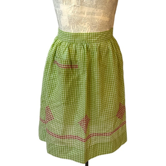 Vintage Cotton Half Apron Embroidered Gingham Lime Green & White with Pocket