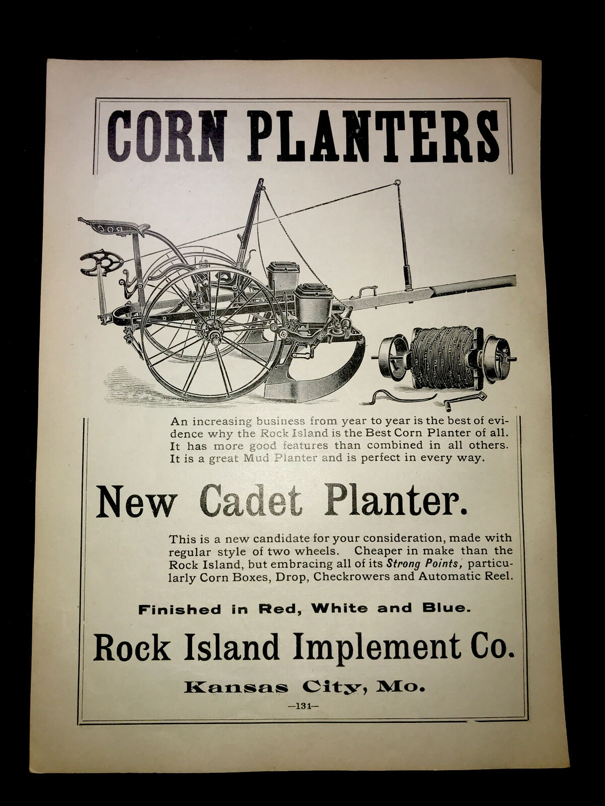 1898 Rock Island Cadet Corn Planter Farm Advertising - Kansas City - Missouri
