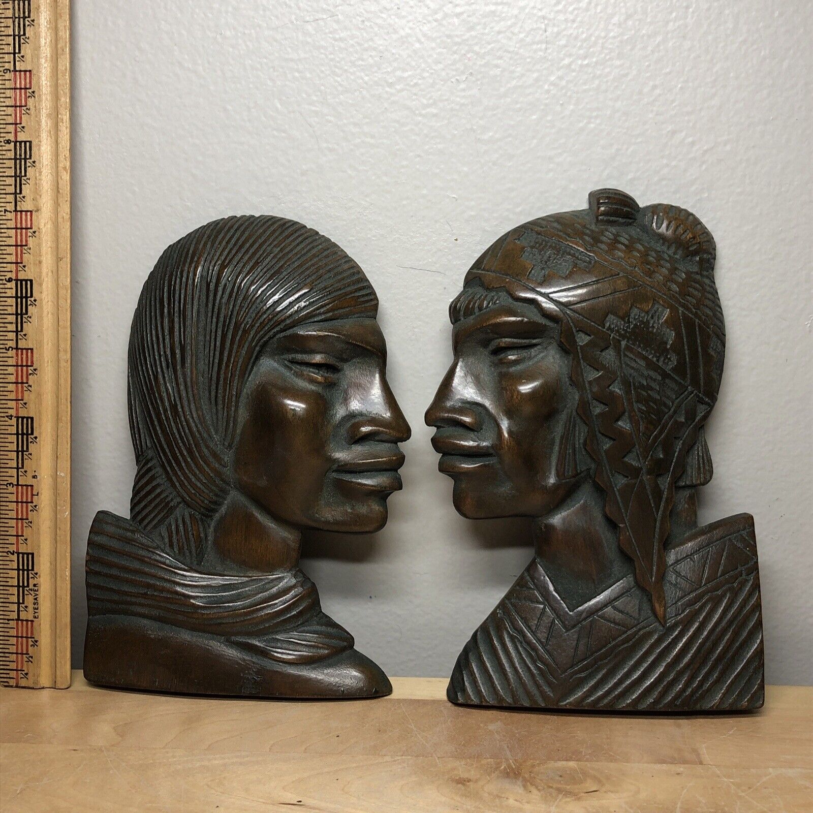 Wood Carved Pair Bolivian Peru Incan Man & Woman Heads Couple Signed Silva 7”