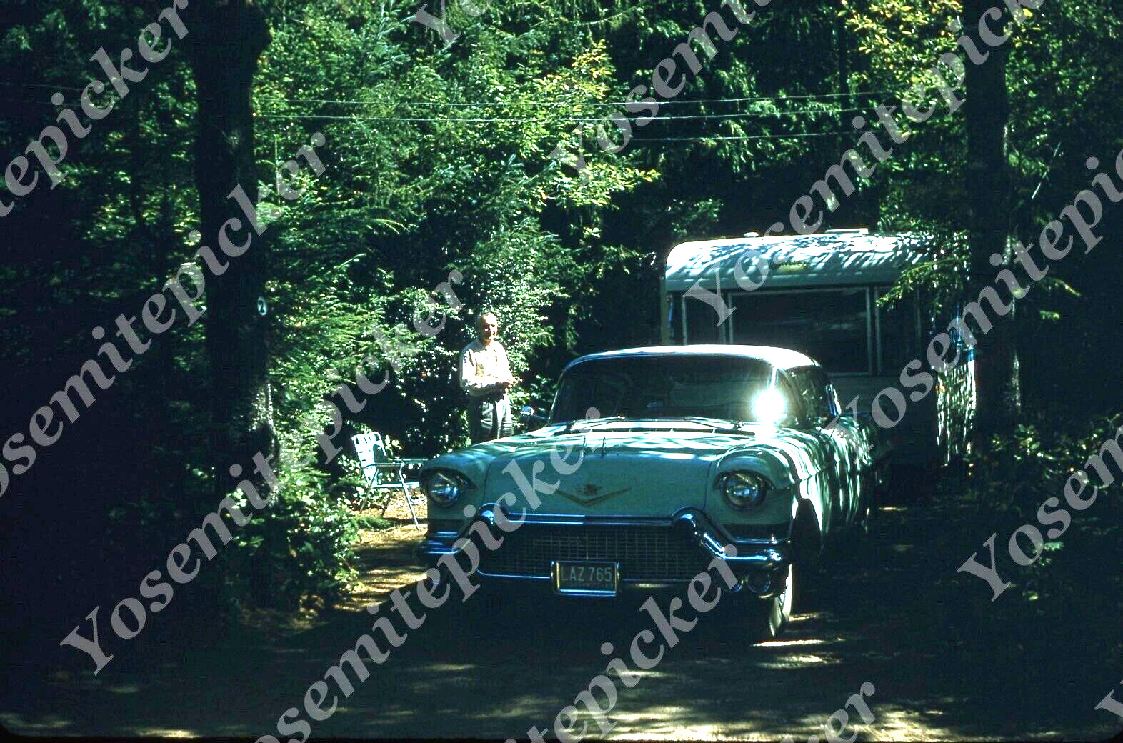 sl58 Original Slide 1959 man campground car trailer 539a