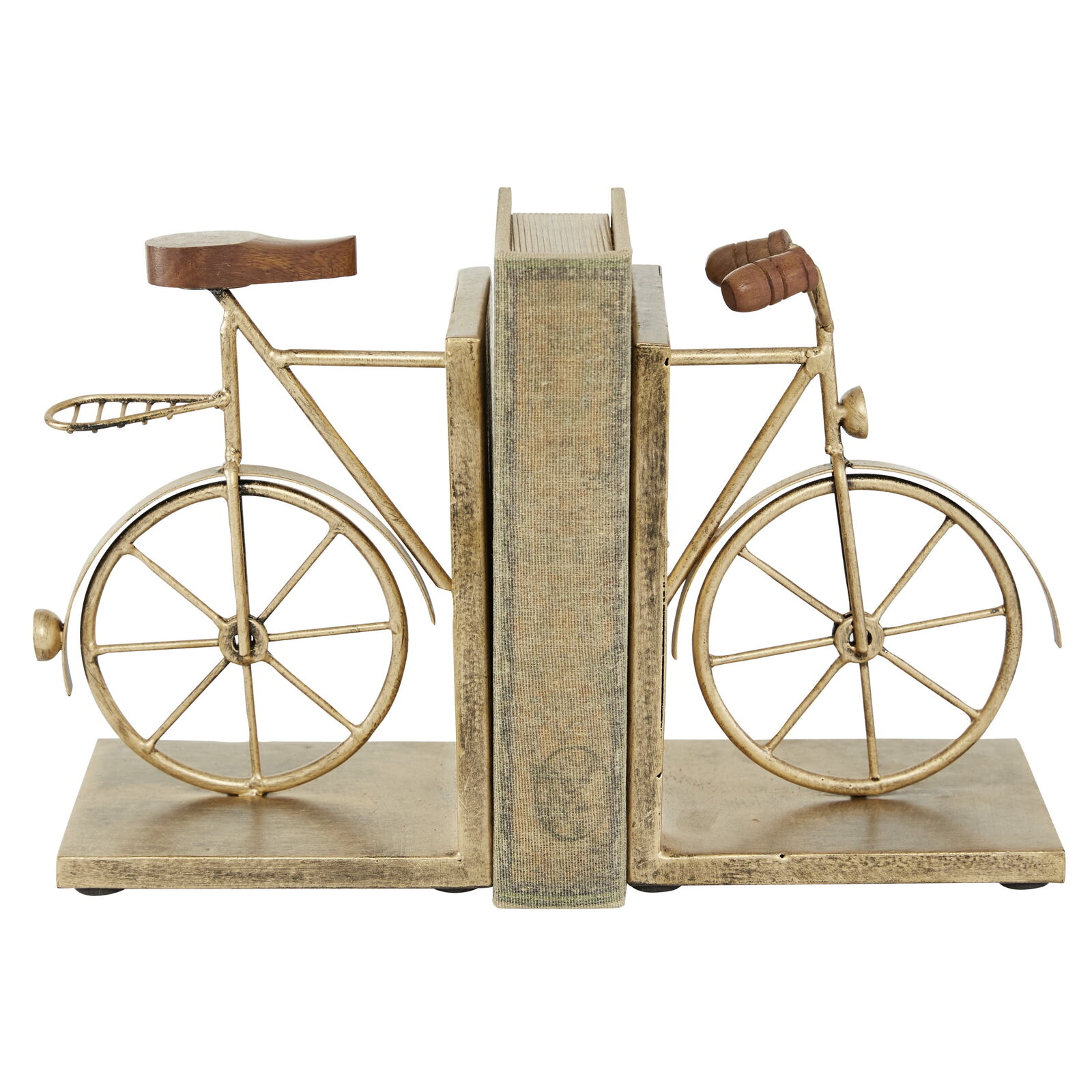 Set of 2 Bike Gold Metal Bookends with Wood Accents  7\