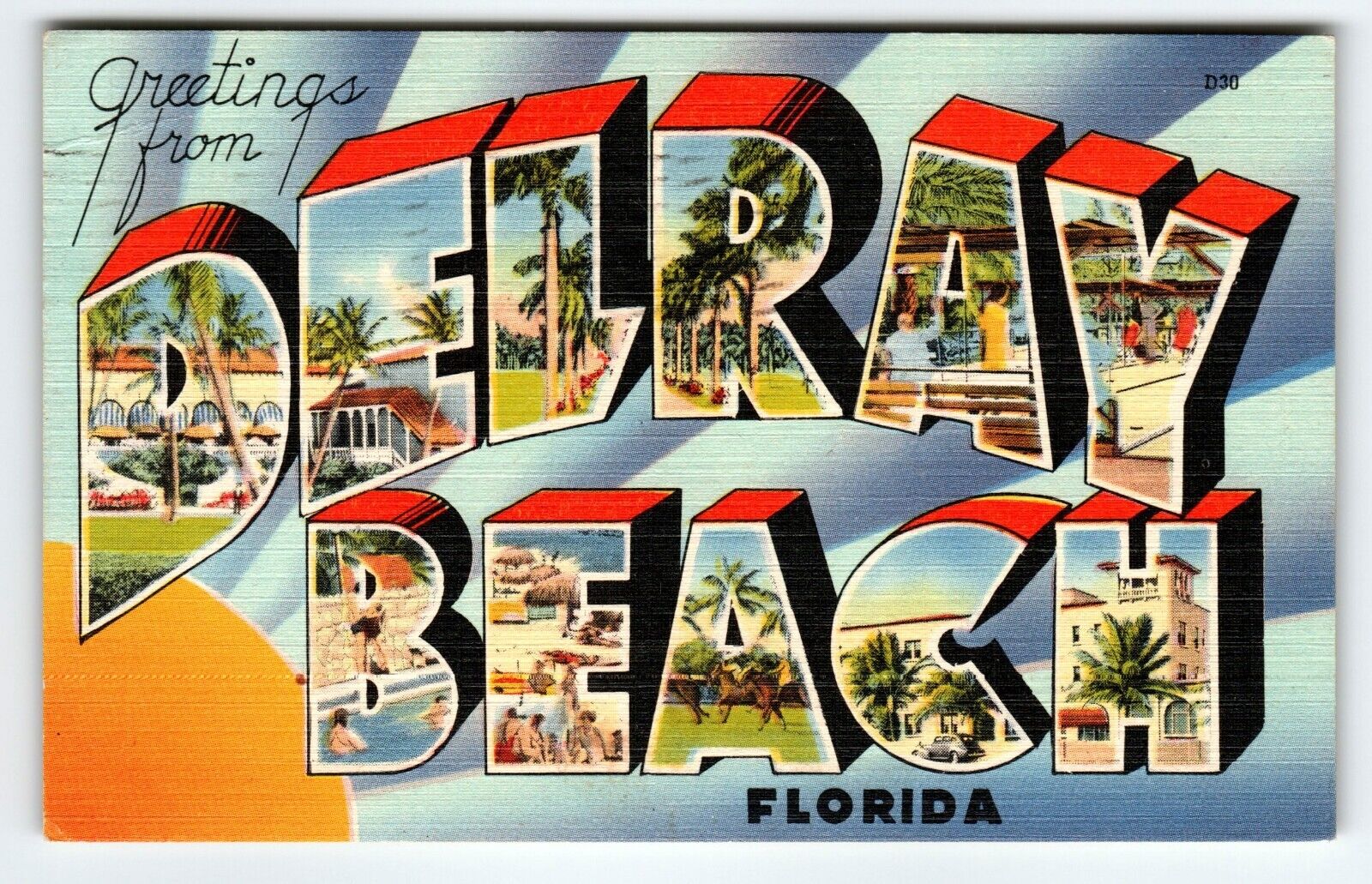 Greetings From Delray Beach Florida Large Letter Linen Postcard 1947 Tichnor