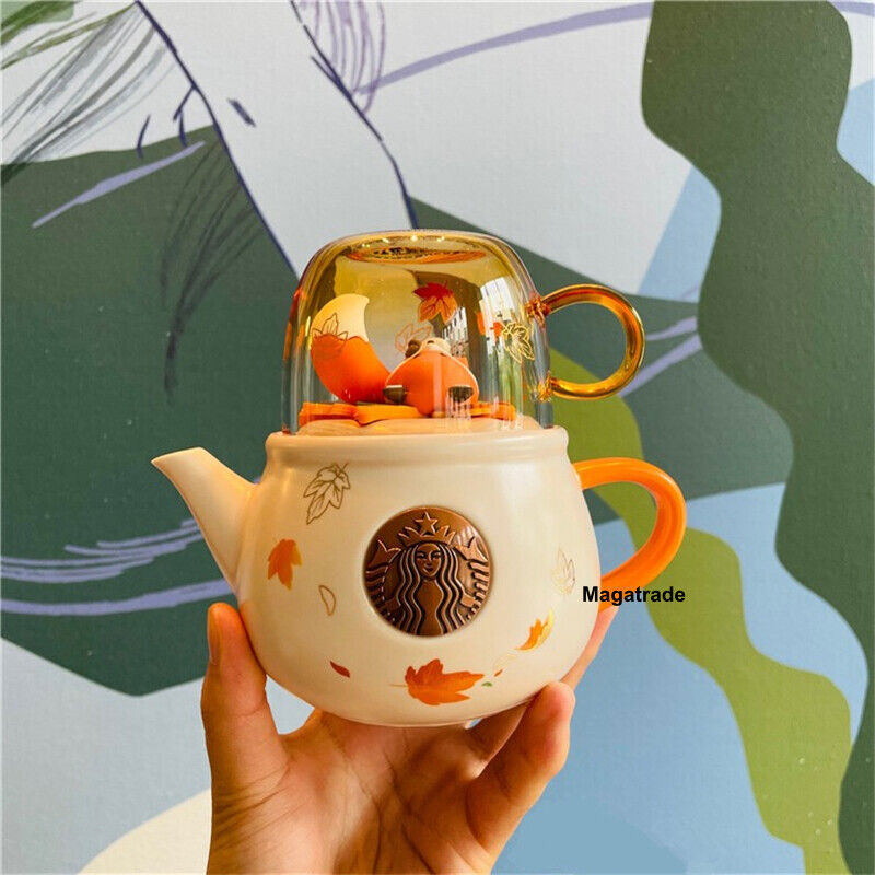 Starbucks Autumn Forest Fox Ceramic Teapot Cup Set Maple Leaf