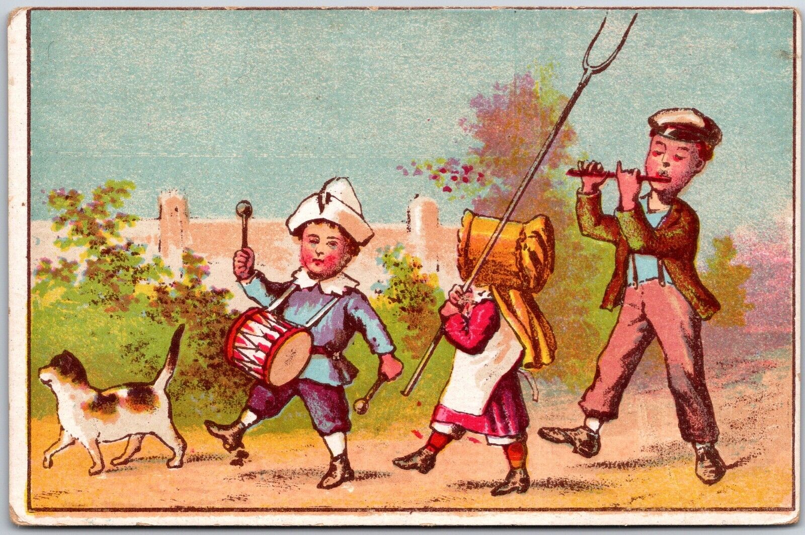 1880s-90s Young Children Playing Drums Flute Marching Dog Trade Card