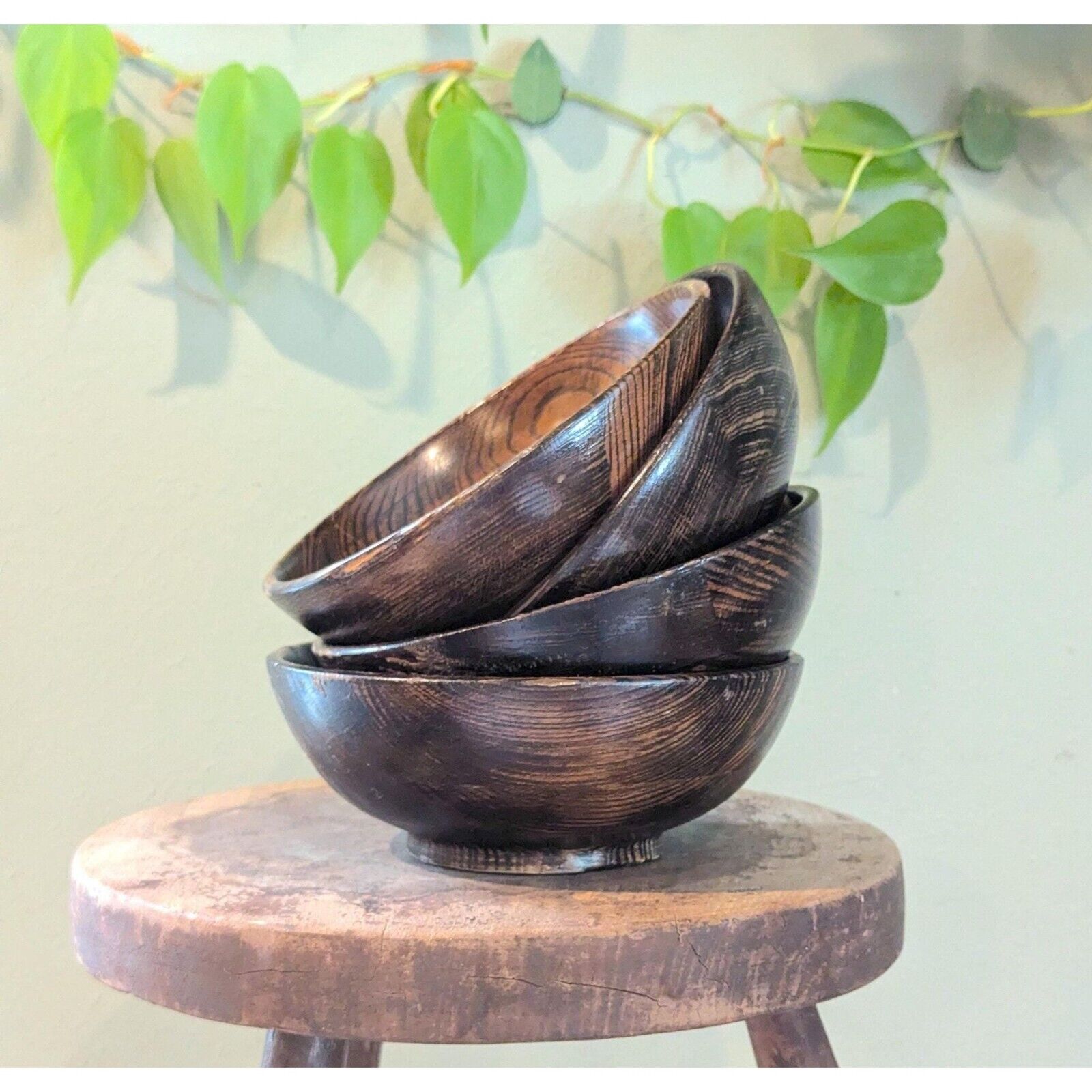 Set of 4 Vintage Wood Bowls Wooden 1970s Set Matching 70s Rustic Farmhouse