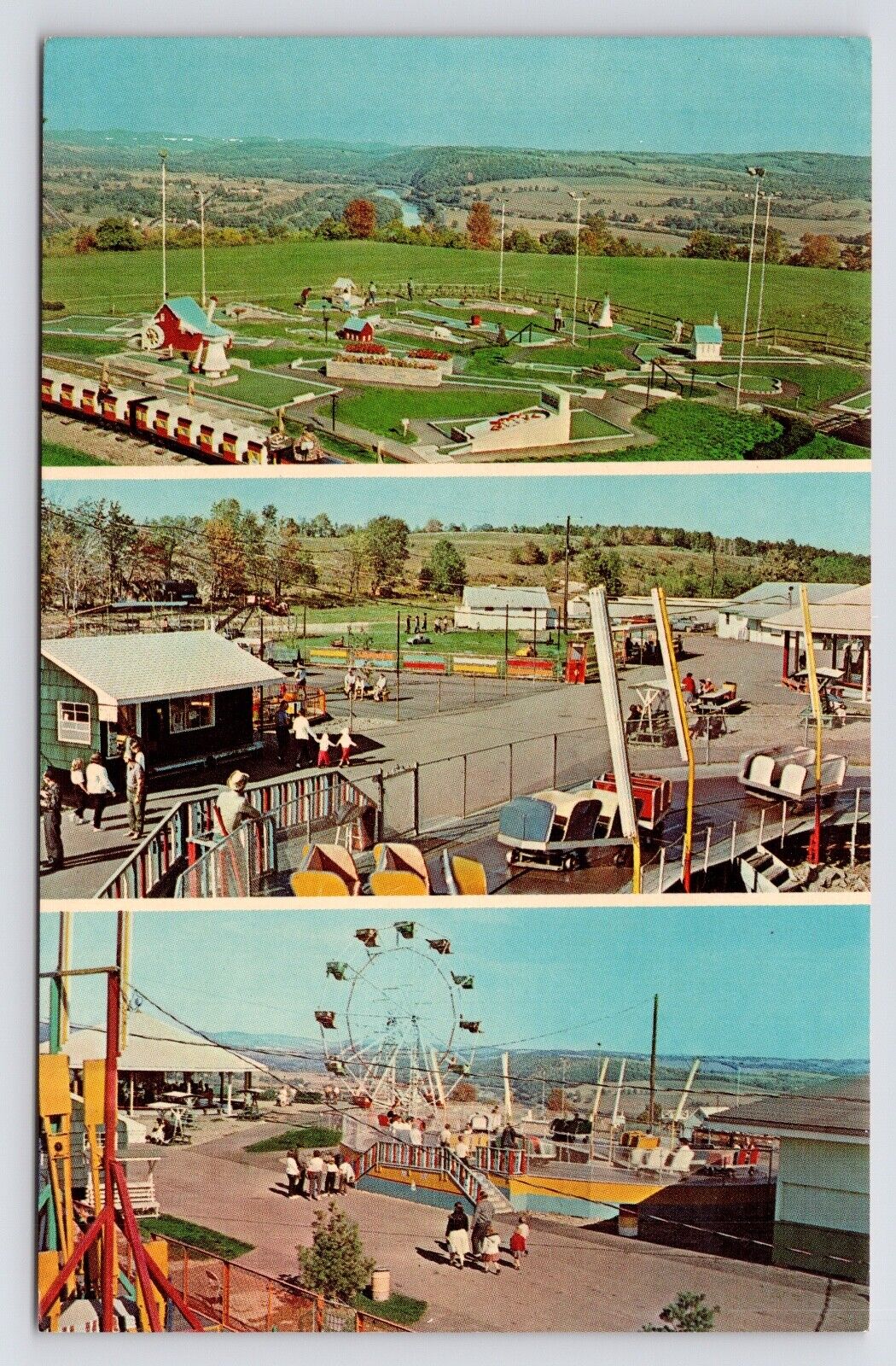 c1960s~Owego New York NY~Skyline Amusement Park~Mini Golf~Rides~Vintage Postcard