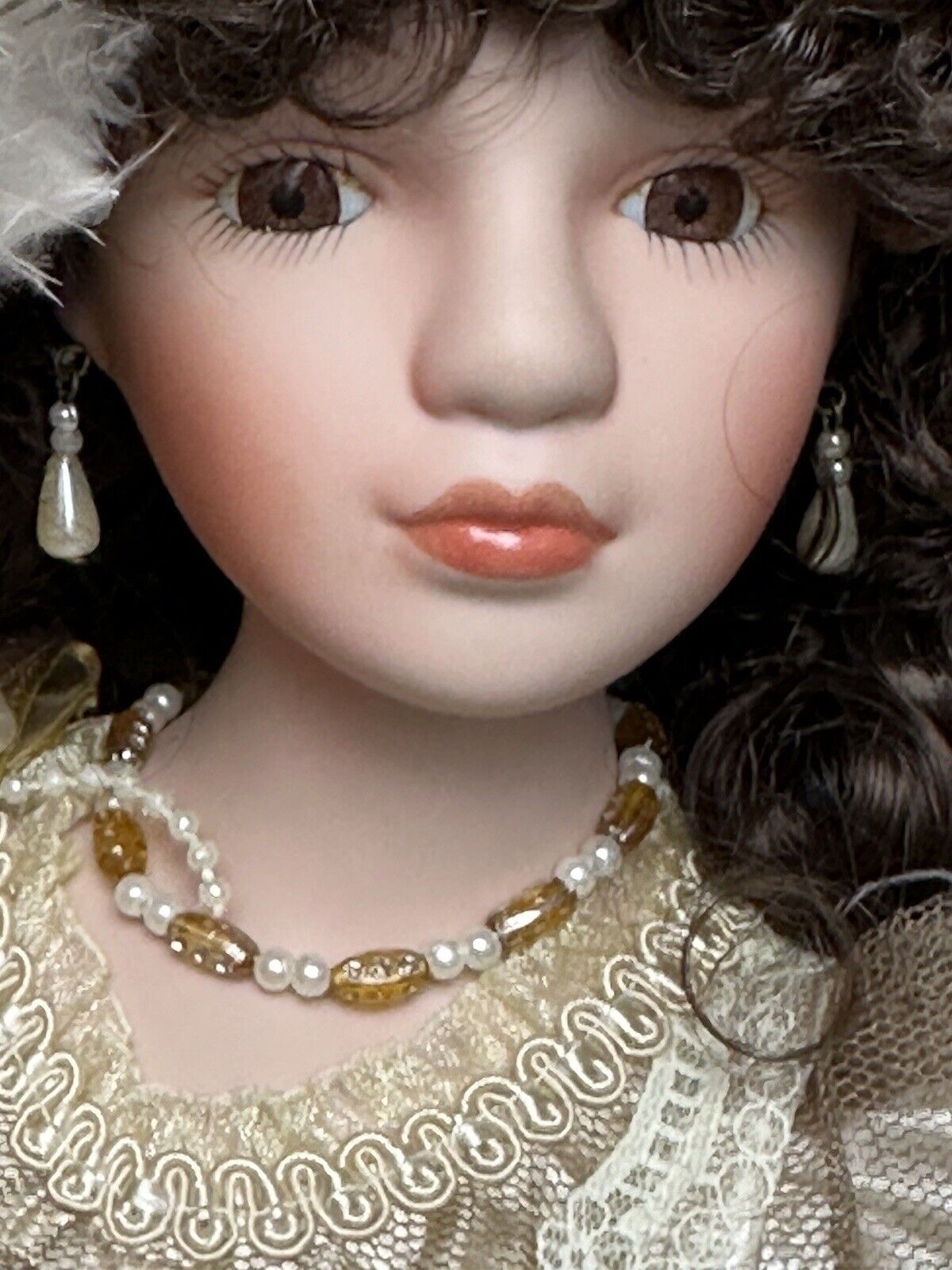 Vintage Porcelain Rustie Doll: Caramel Cream Southern Belle Lace Dress + Parasol