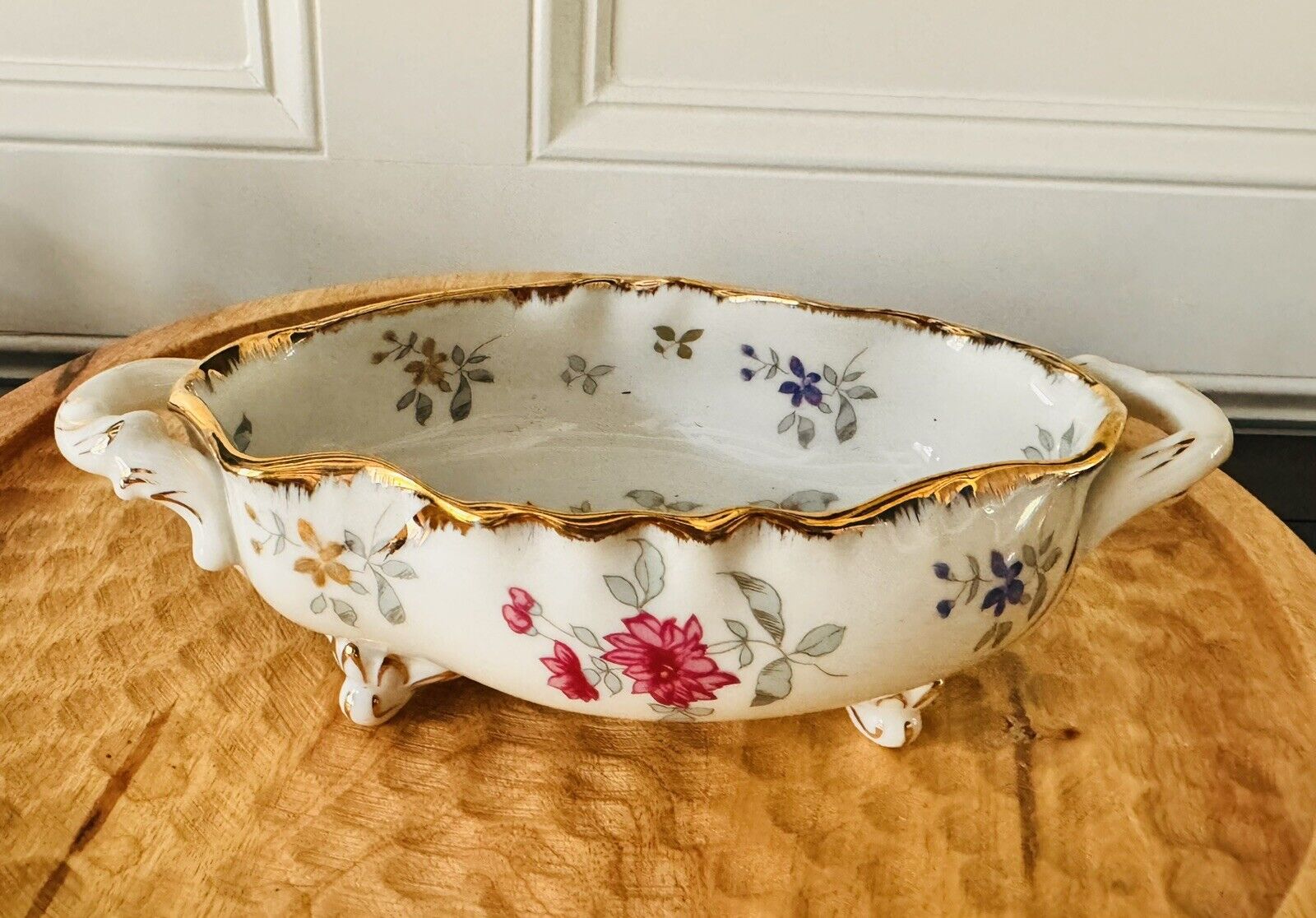 Vintage Porcelain Floral Scalloped Footed Trinket Bowl Candy Dish W Gold Accents