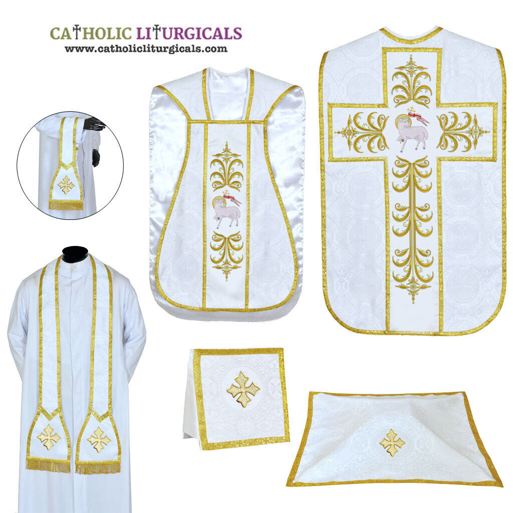 New White Roman Chasuble Fiddleback Vestment 5pc set,AGNUS DEI embroidery