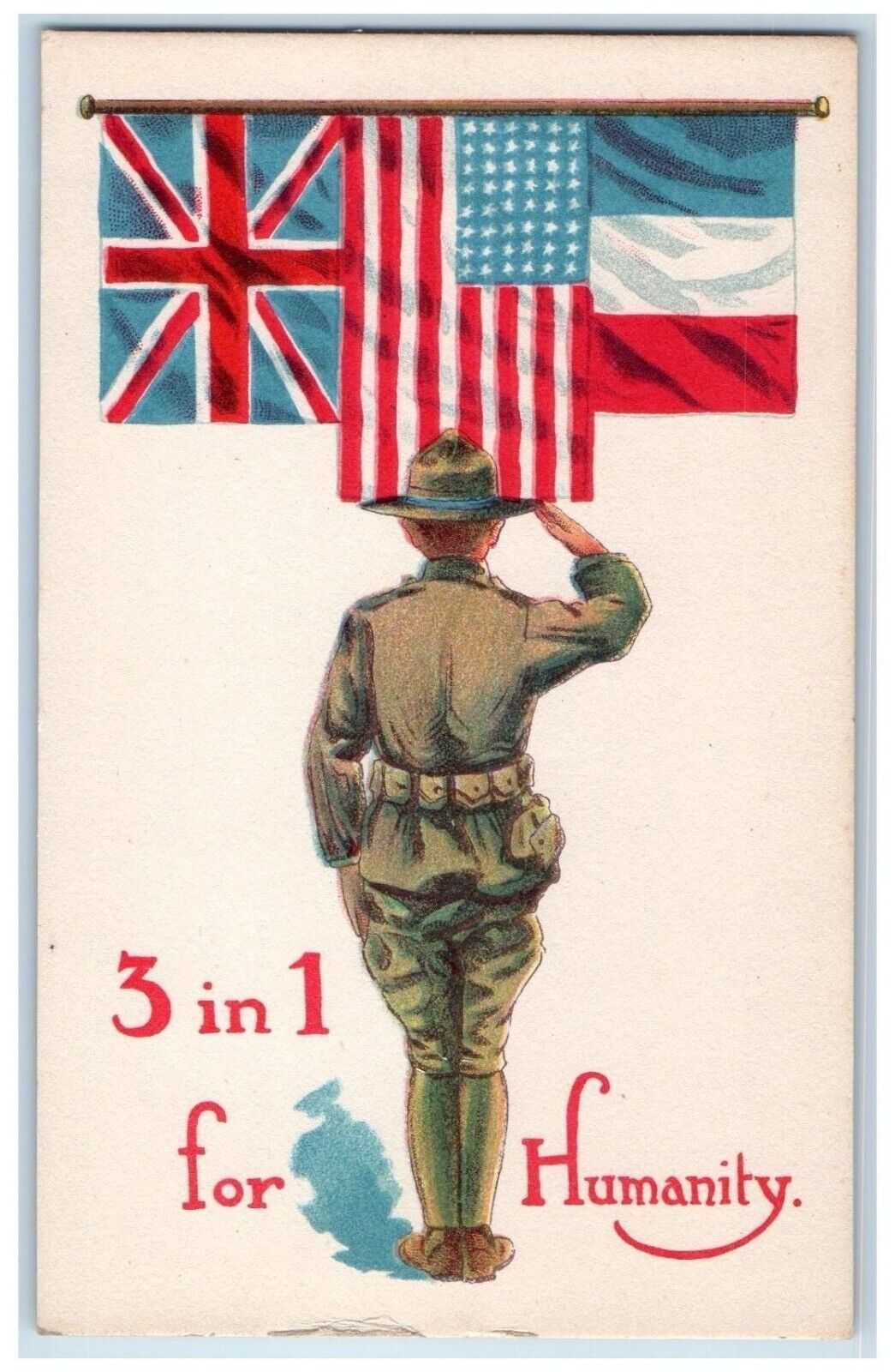 c1910's Military Soldier Salute 3 In 1 Flags For Humanity WWI Wall Postcard