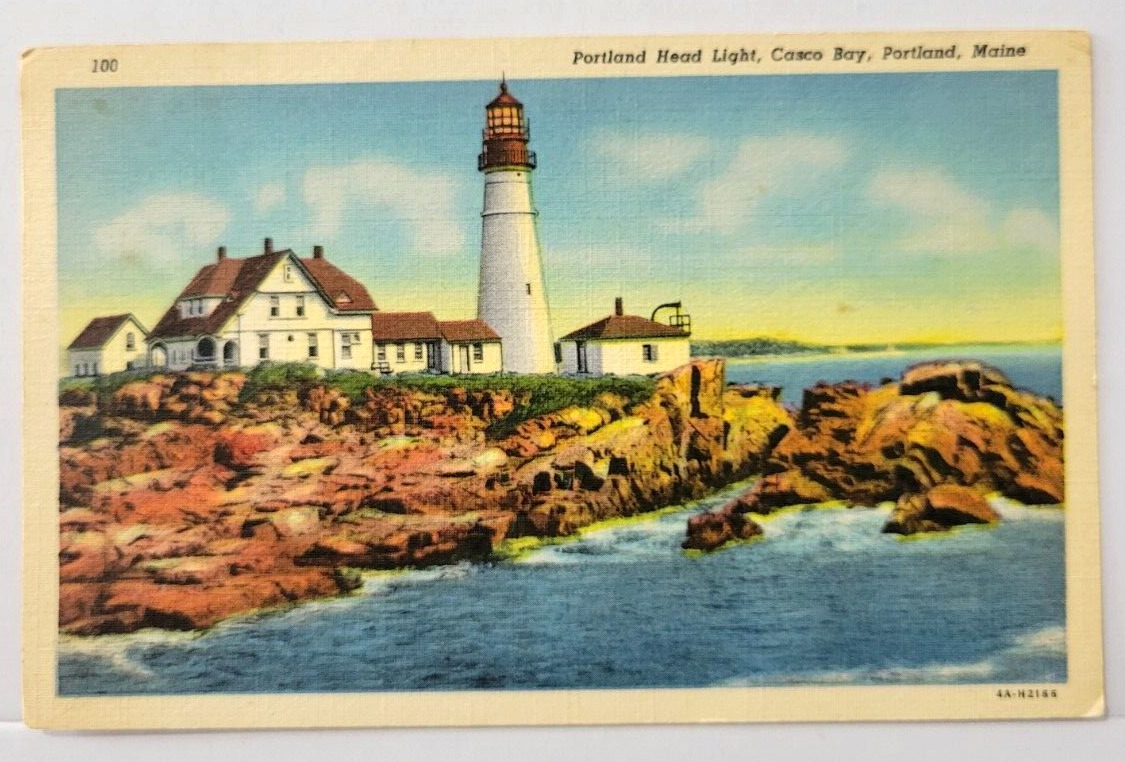 Portland Head Light Casco Bay Portland Maine Linen Vintage Postcard Lighthouse