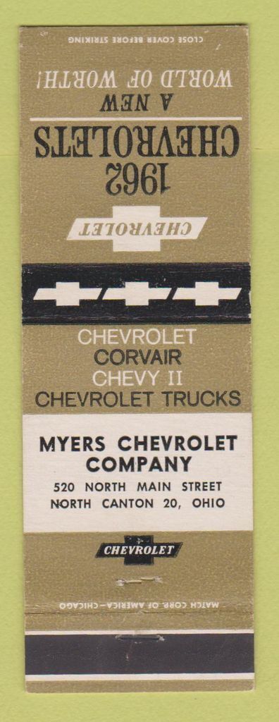 Matchbook Cover - 1962 Chevrolet Myers North Canton OH