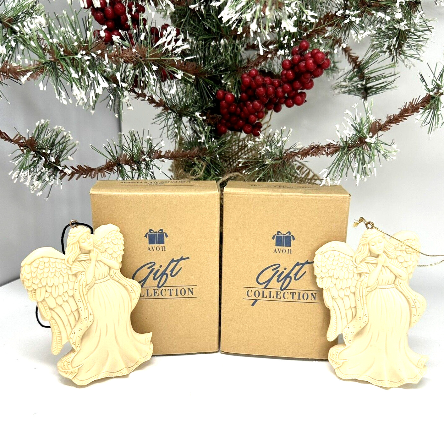 Vintage Avon Ornament Seasons Joy Christmas Angel Lot of Two Resin 4 1/2\