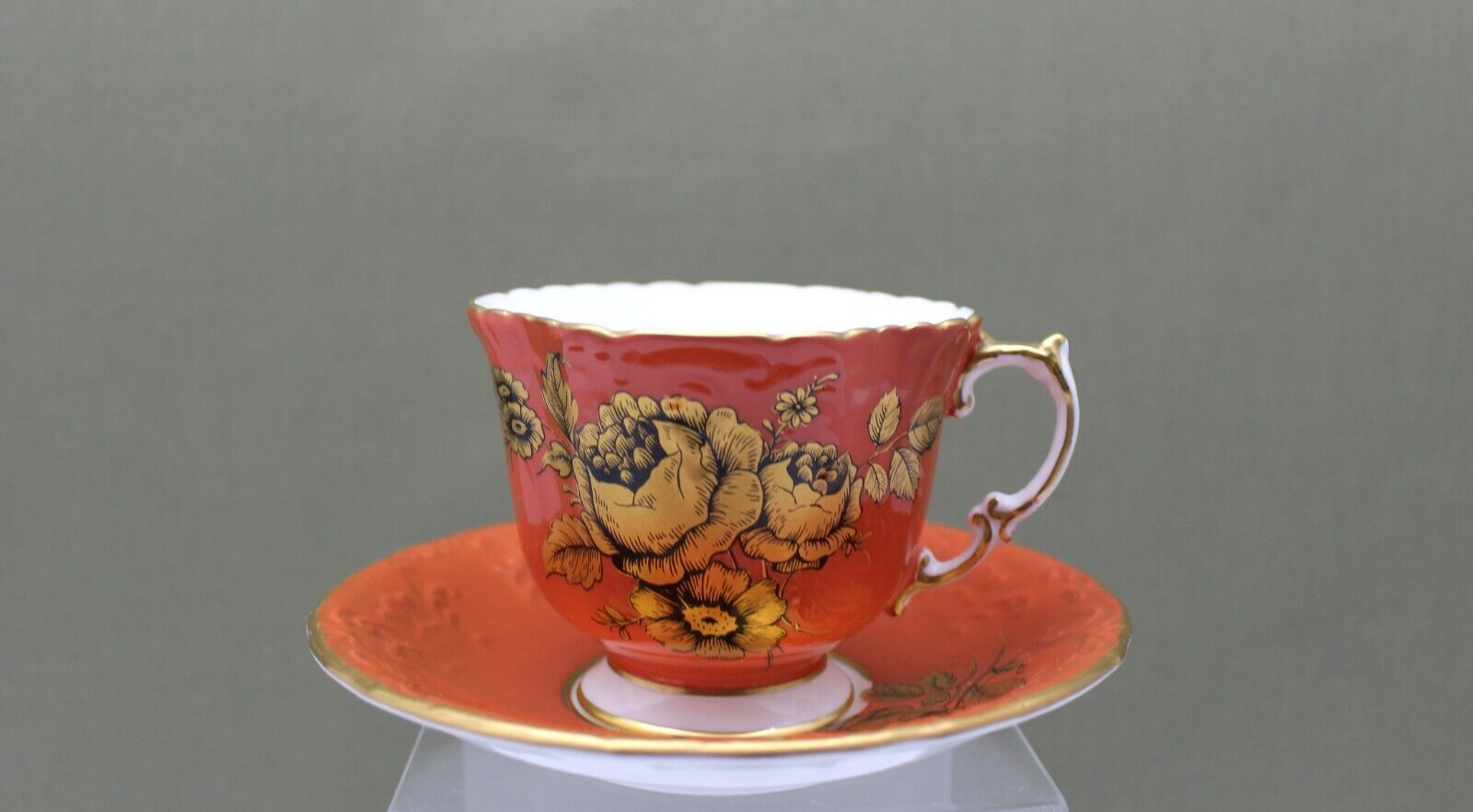 Ansley  Bone China Tea Cup & Saucer Gold Cabbage Rose On Orange Gold Trim -White