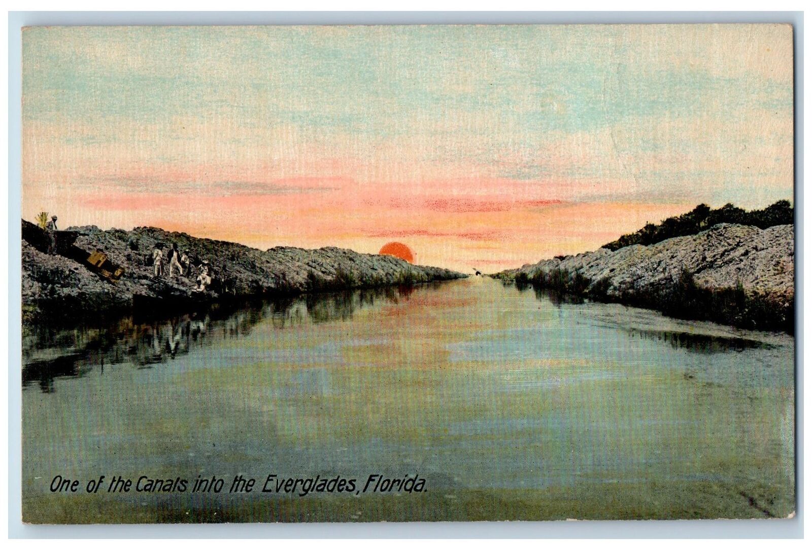 Everglades Florida FL Postcard One Of The Canals Sunset Scene c1940's Vintage