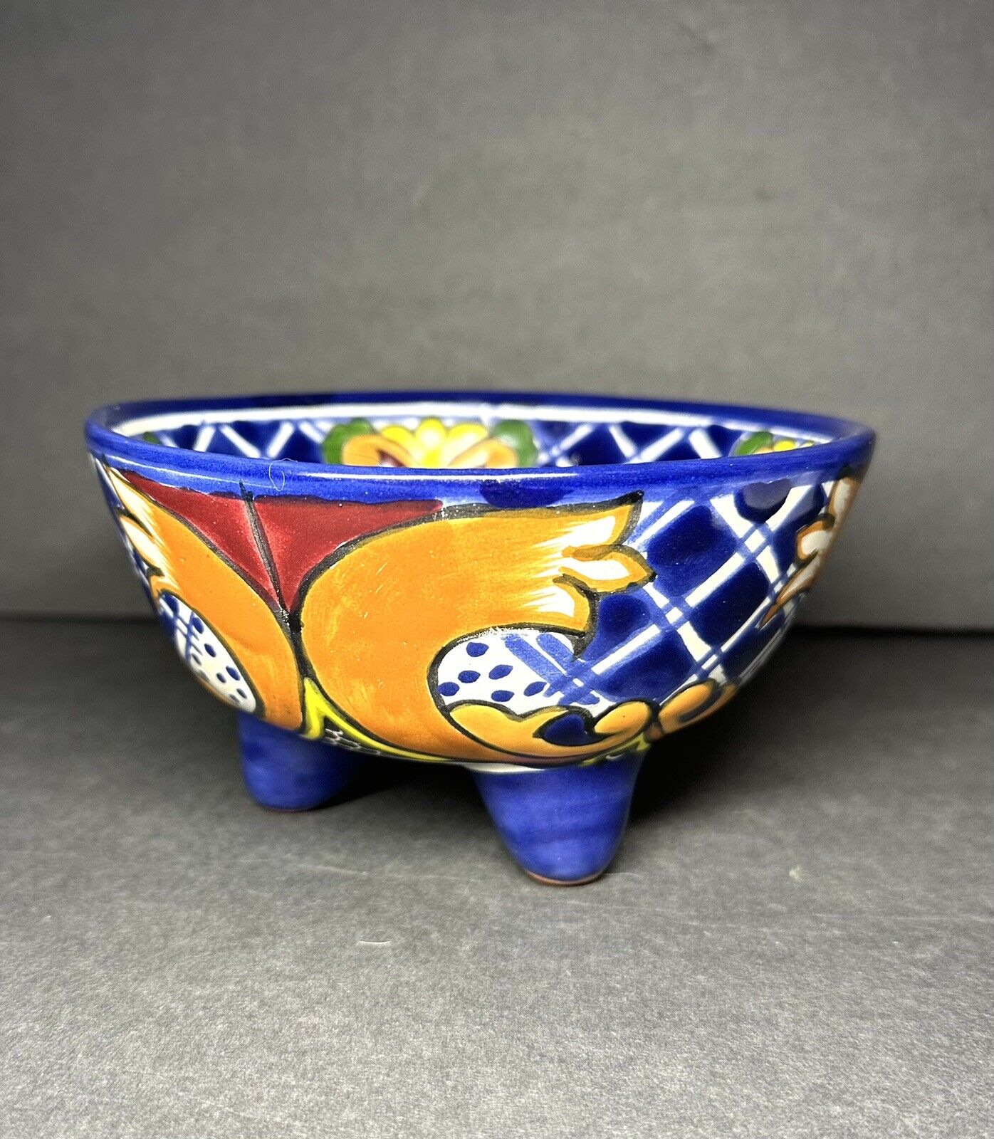 Mexican Talavera 3 Footed Bowl Floral Terracotta Hand Painted Deep Dish 5.5” Dia