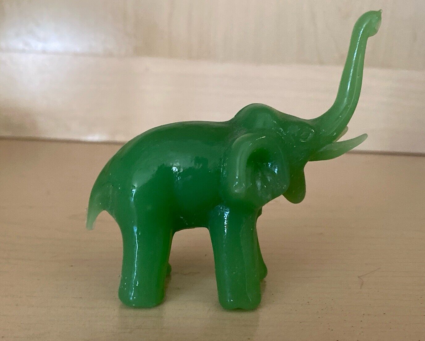 Vintage Green Jade Jadite Solid Glass Tusked Long Trunk Elephant Figurine