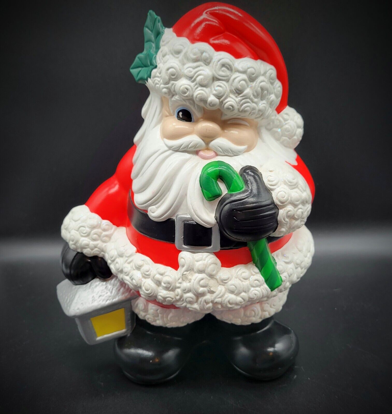 Ceramic Winking Santa Claus & Green Candy Cane Kitsch Christmas Vintage 1970\'s 