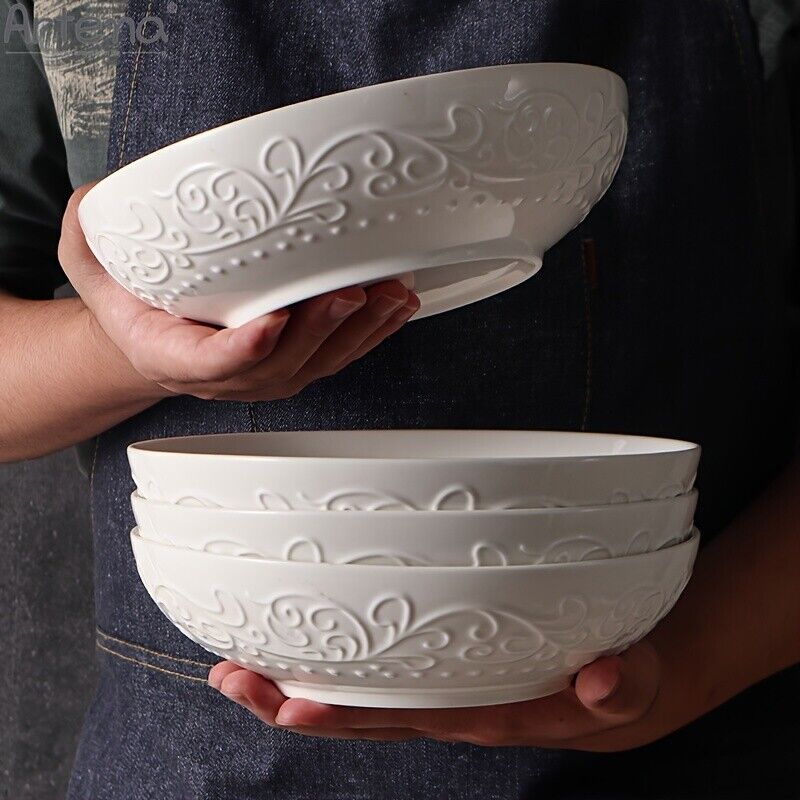 Premium Ceramic Pasta & Salad Bowl Set (4pcs) - 35oz, 8 Inch, Embossed Design -