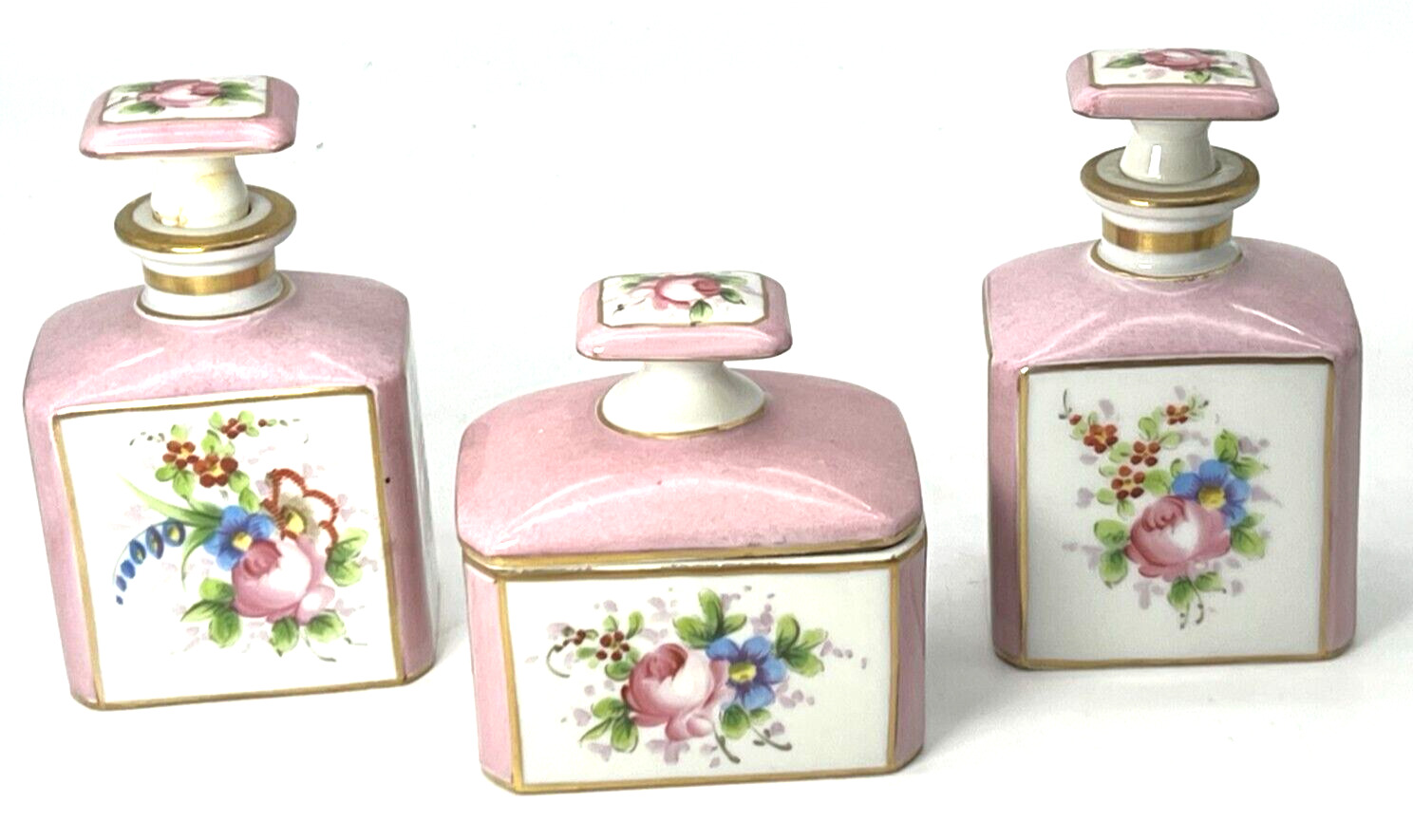 Antique Pink Roses 1768 P Mark Sevres French Porcelain Three-Piece Vanity Set