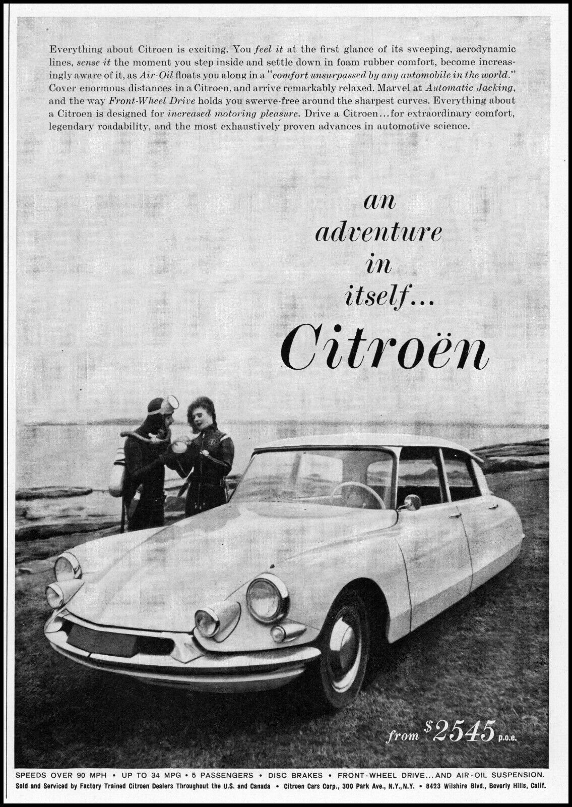 1960 Citroën DS car air-oil suspension scuba divers retro photo print ad LA37