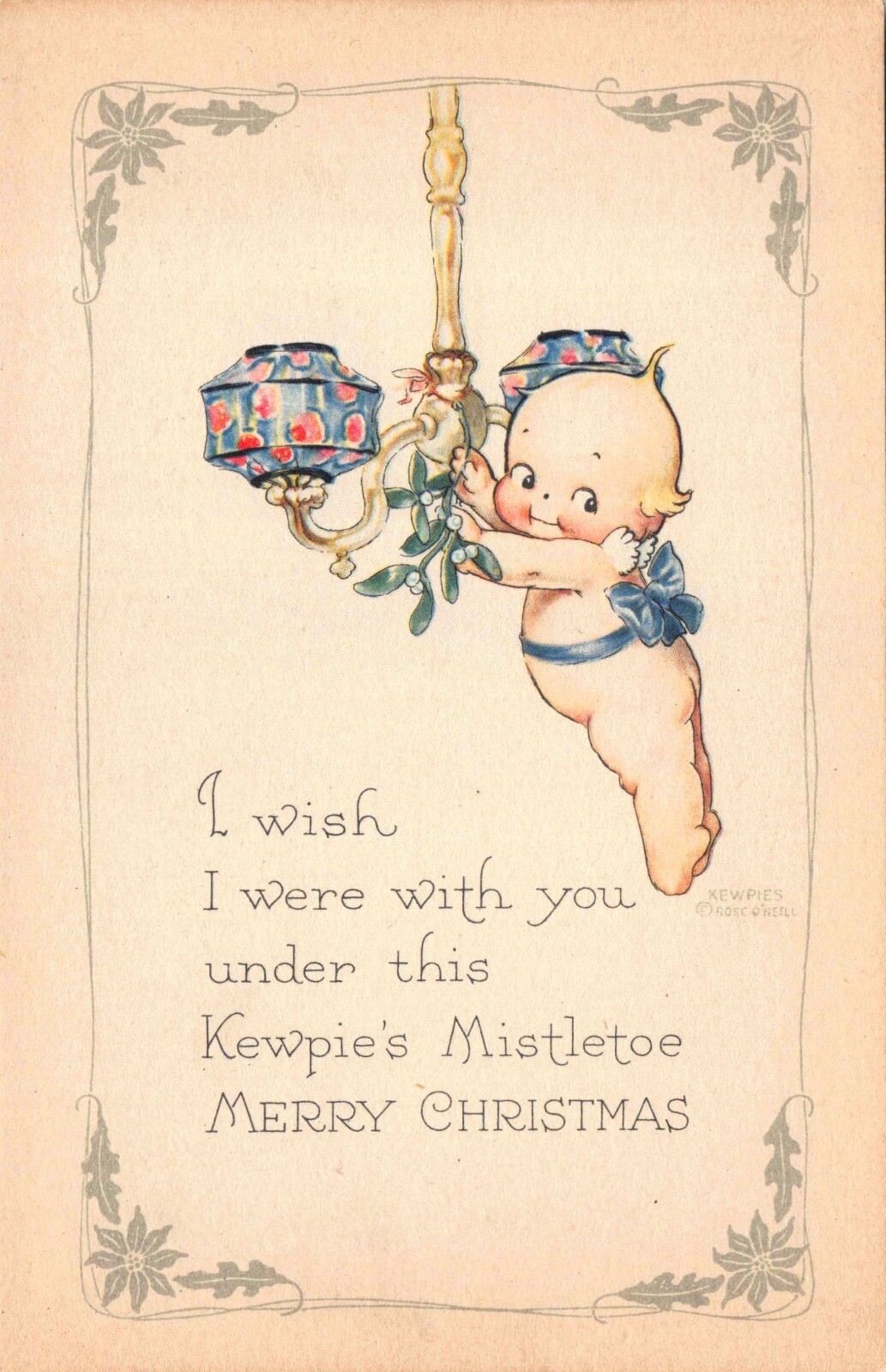 Christmas Postcard Rose O\'Neill artwork Kewpie\'s Hanging Mistletoe~118238