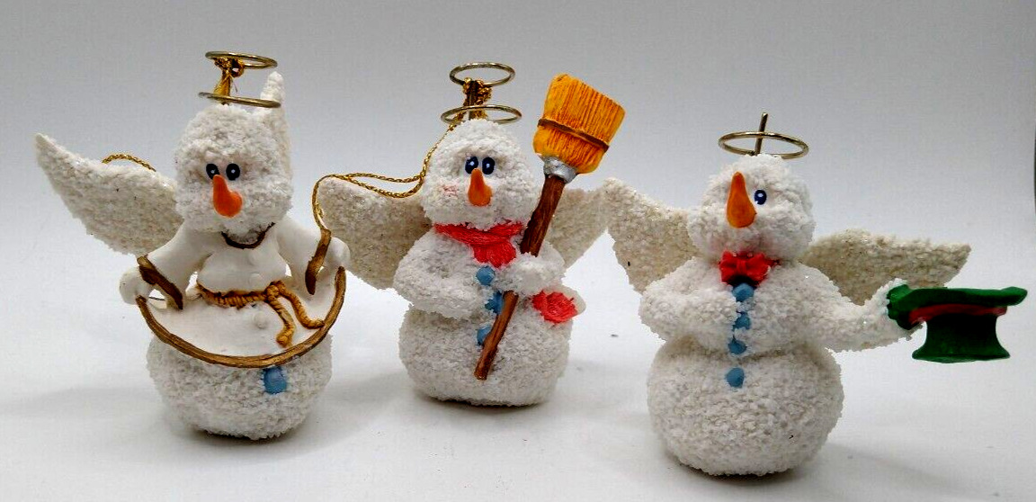 Christmas Snowmen Angel Ornaments Three White Angel Wings Original Box BoHo