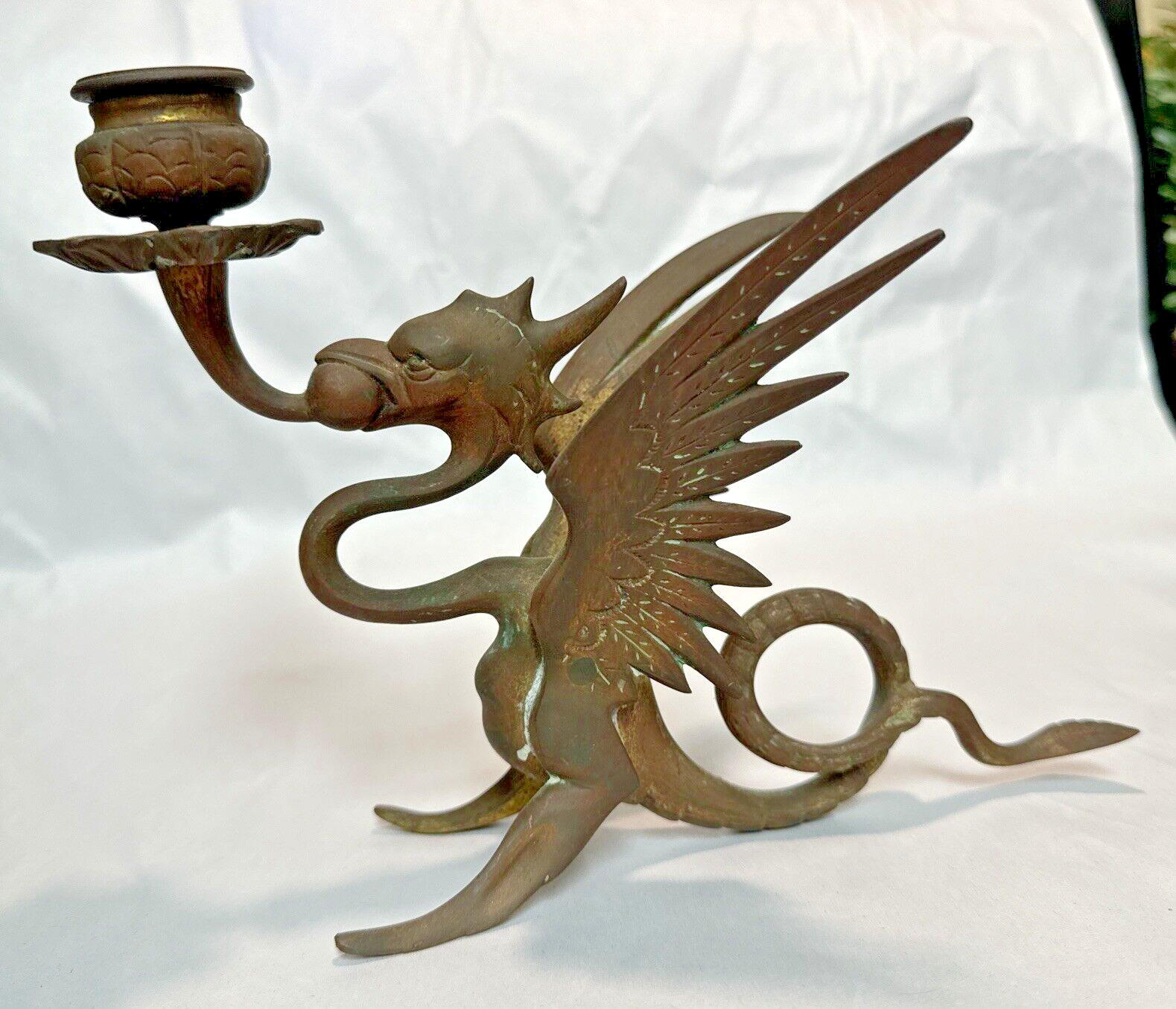 TIFFANY & Co. - Antique Brass Griffin Winged Dragon Candlestick Holder SIGNED