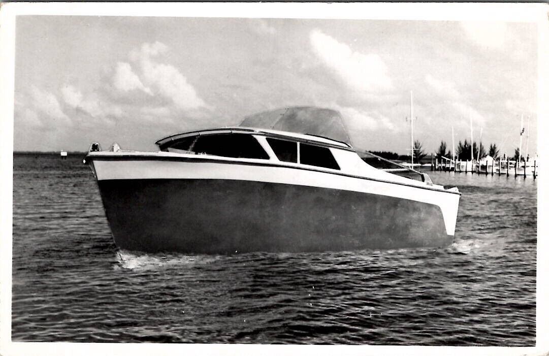 RPPC Vintage Boat near Pier Miami FL Summerland Photo Studio c1950s Postcard H28