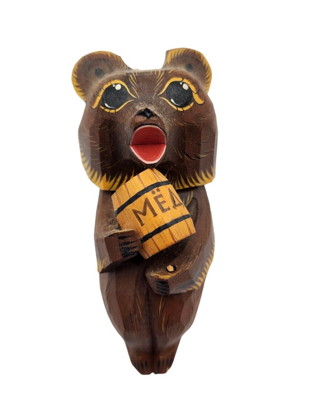 Vintage Russian Folk Art Wooden Bear Honey Shelf Sitter Figure Wood Signed 3.5\