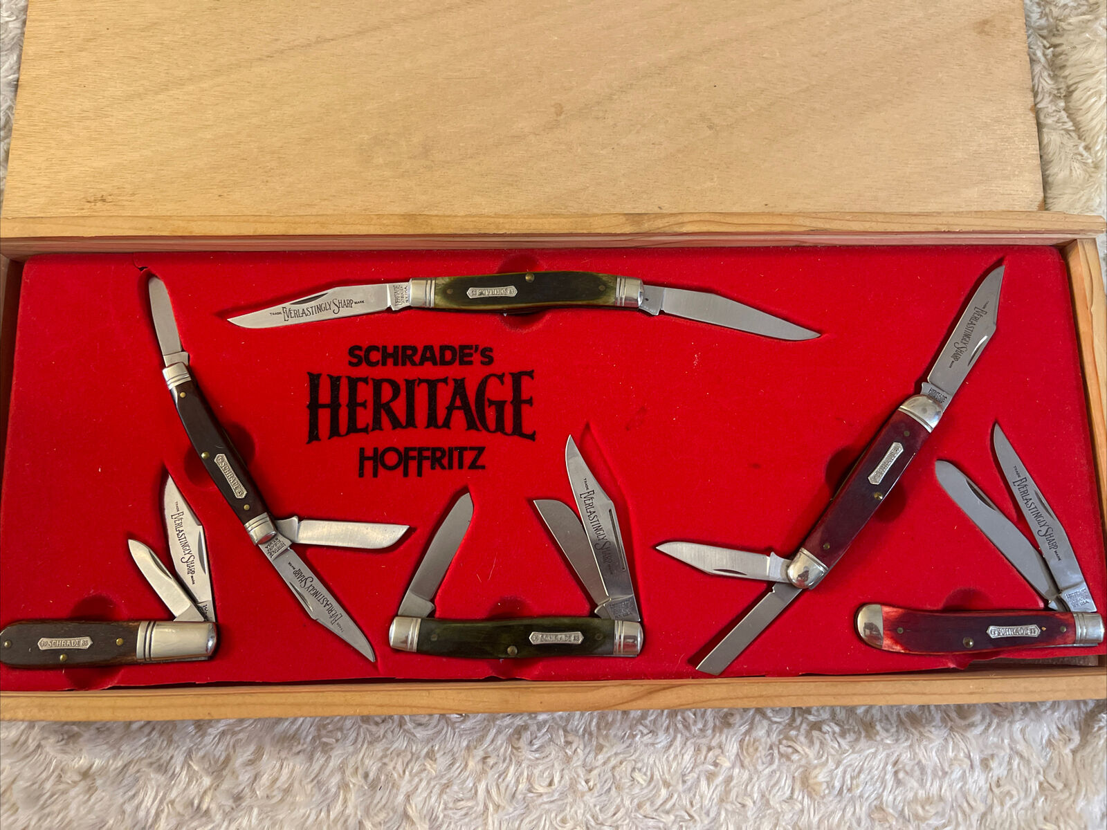 Schrade Heritage Knife Set USA Made Red Bone & Green C-1983 - set of 6 hoffritz