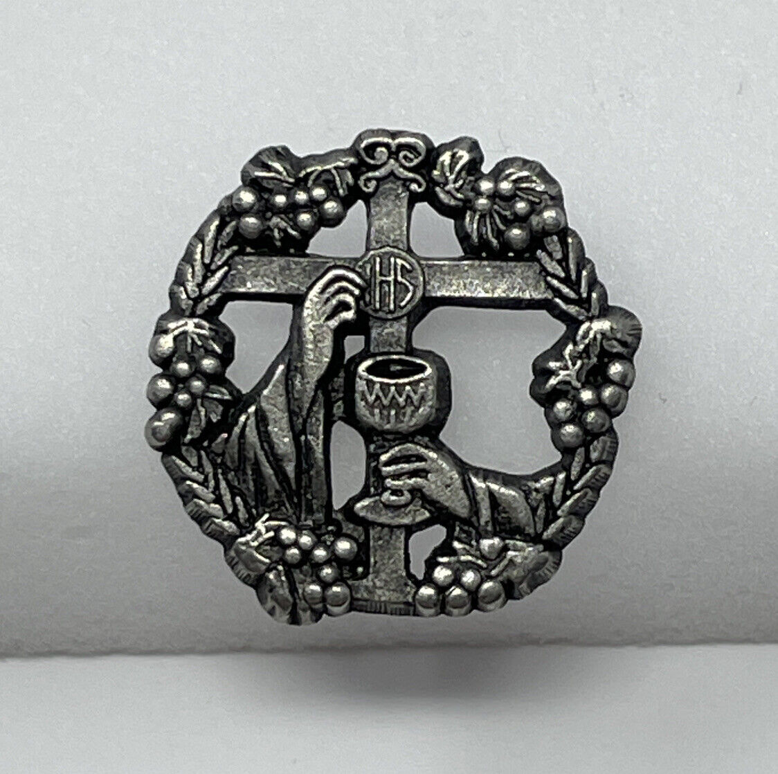 Vintage IHS Motif Branded Silver Tone Pewter Collectible Religious Catholic Pin