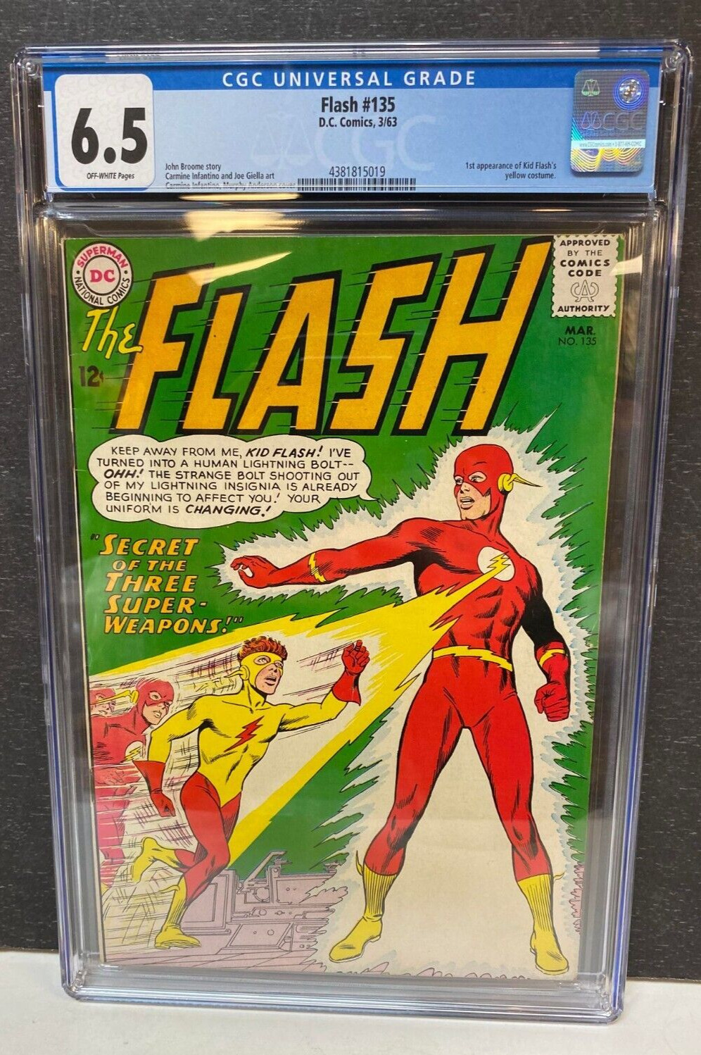 FLASH 135 CGC 6.5 OFF WHITE PAGES FIRST KID FLASH YELLOW COSTUME 1963
