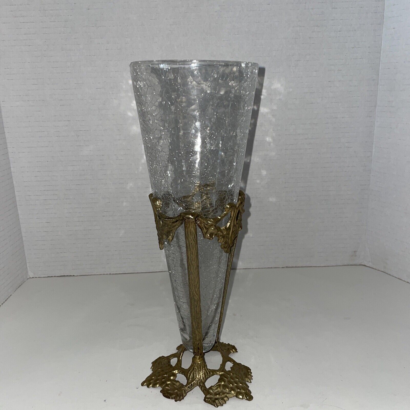 Vintage Crackle Glass Vase With Brass Pedestal Stand Grape Clusters 11”