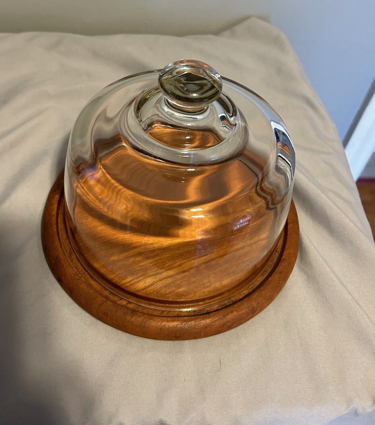 Vintage Teakwood Cheese Tray and Glass Cloche